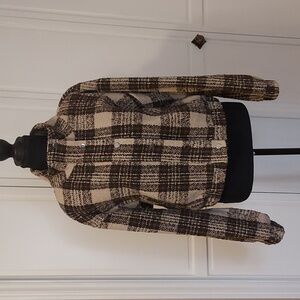 Brown Green Teddy Bomber Jacket Cropped Fit Elastic Cuff Size M